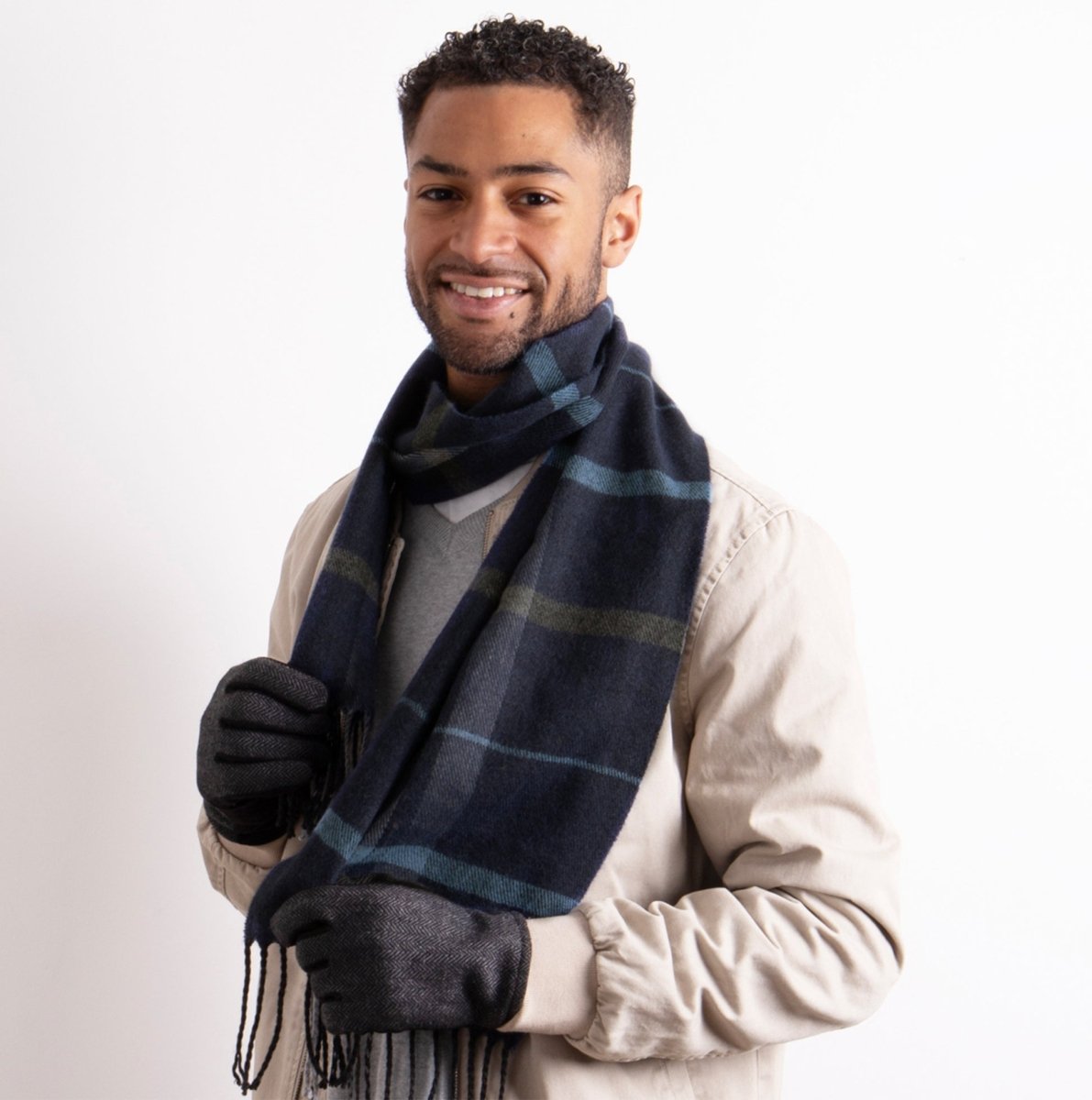 Totes Toasties WOOL BLEND Check Scarf and Thermal Lined Glove Set Mens Navy/Multi - Shuperb