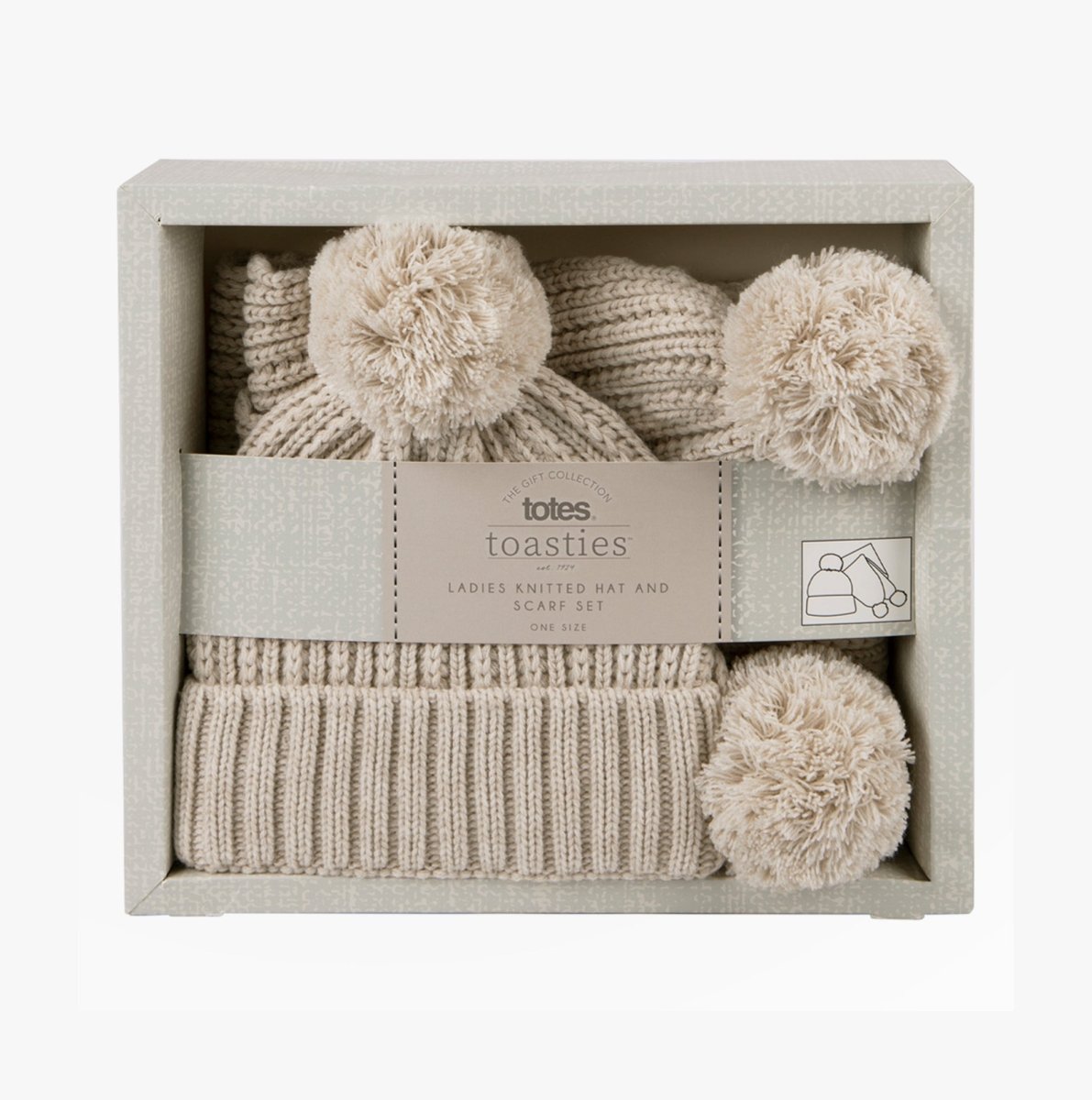 Totes Toasties KNITTED Hat And Scarf Set with Pom Pom Detail Womens Oat - Shuperb