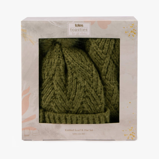 Totes Toasties KNITTED Hat & Scarf Set Womens Khaki - Shuperb