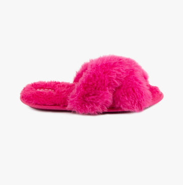 Totes Toasties PLUSH FAUX FUR CROSS OVER Sliders Womens Bright Pink - Shuperb