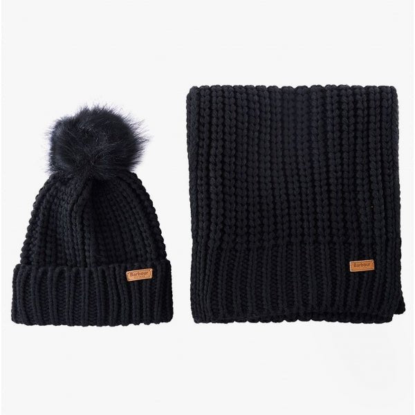 Barbour SALTBURN BEANIE & SCARF Womens Gift Set Black - Shuperb